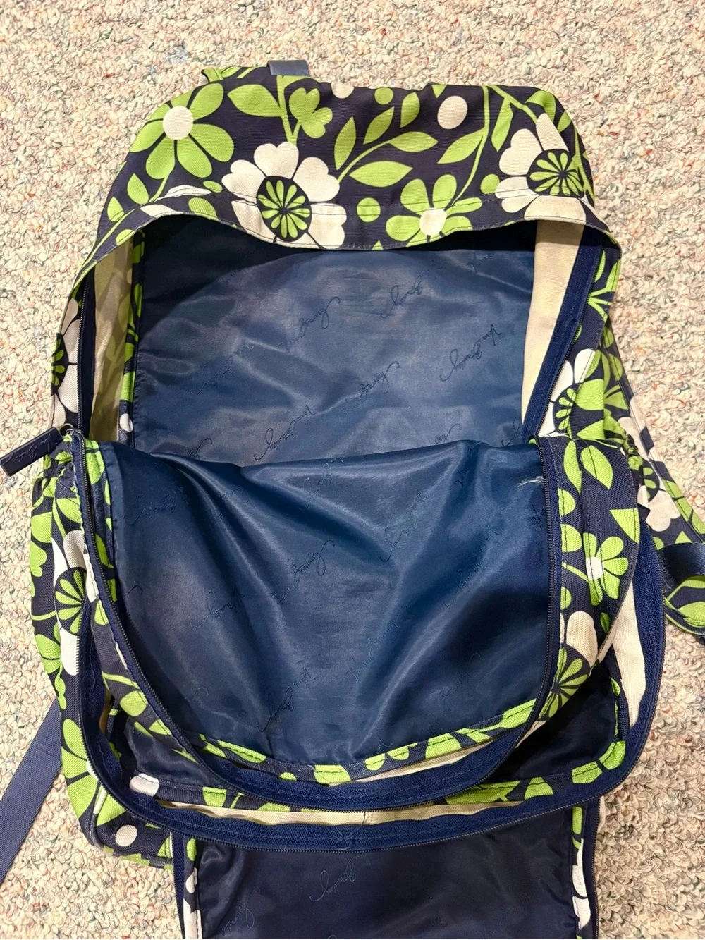 Vera Bradley Navy Floral Backpack with Green and White Pattern